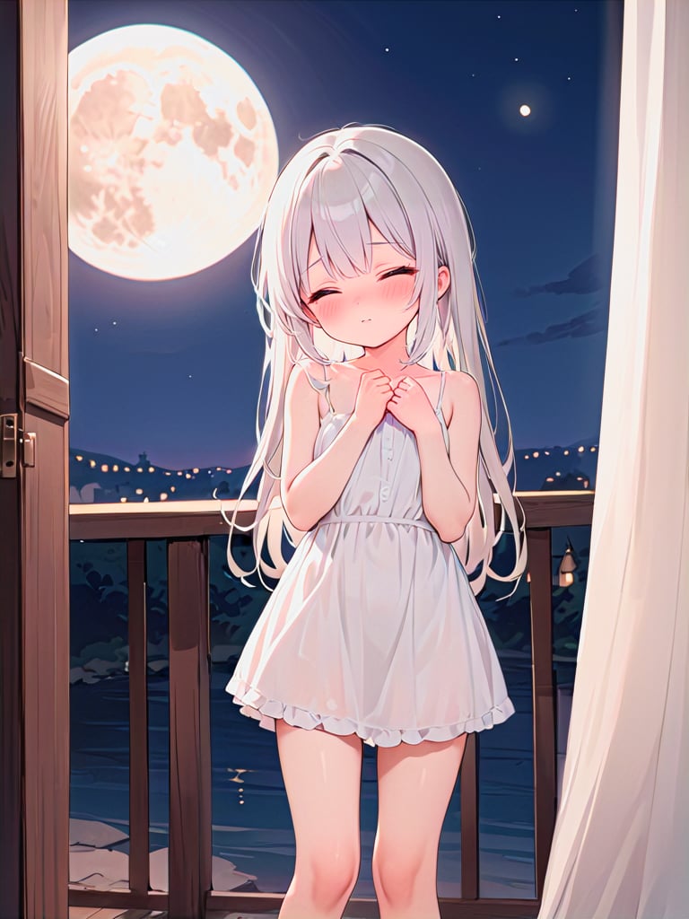 masterpiece,best quality,loli,cowboy shot photo,cute and shy,(evening:1.3),moon,petite,white_skin,bare_foot,loose hair,stand,