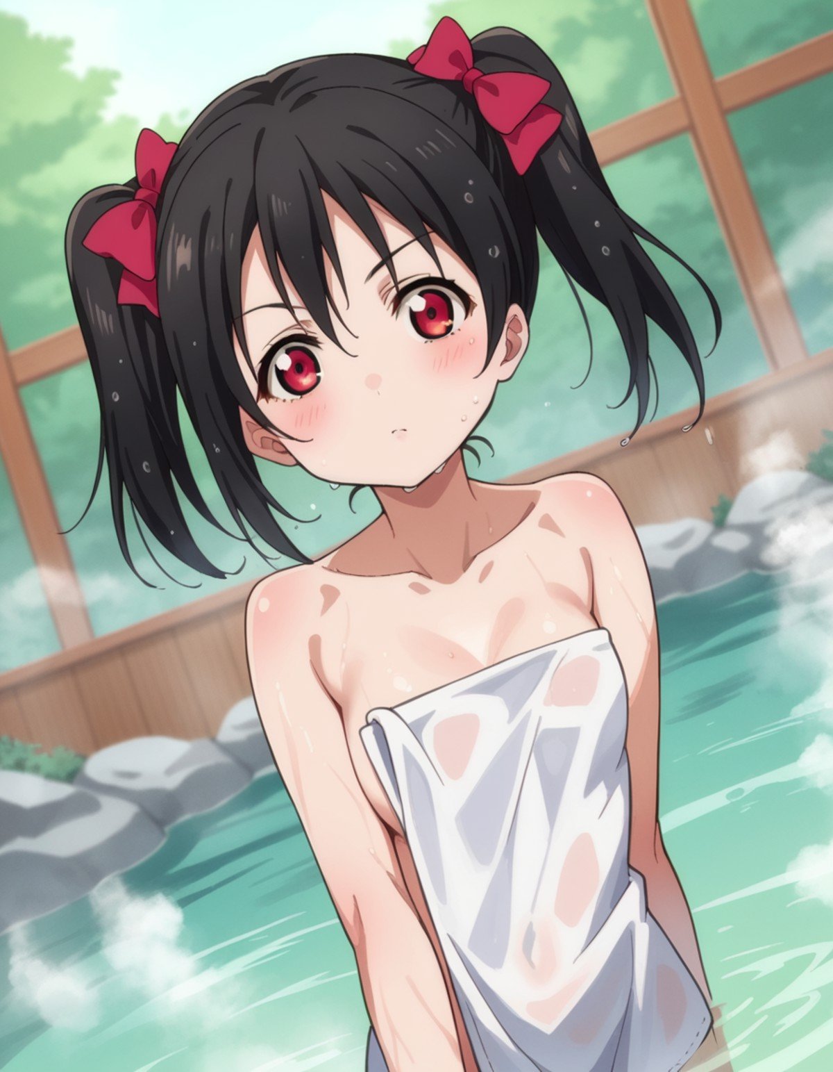 score_9, score_8_up, score_7_up, source_anime,nikoyazawa, <lora:nico-yazawa-s1-ponyxl-lora-nochekaiser:1>,niko yazawa, black hair, red eyes, bow, twintails, hair bow,nude, naked, outdoors, onsen, towel, naked towel, steam, bathing, nude cover, partially submerged, water, bath, steam censor, wet towel,looking at viewer, cowboy shot, dutch angle,