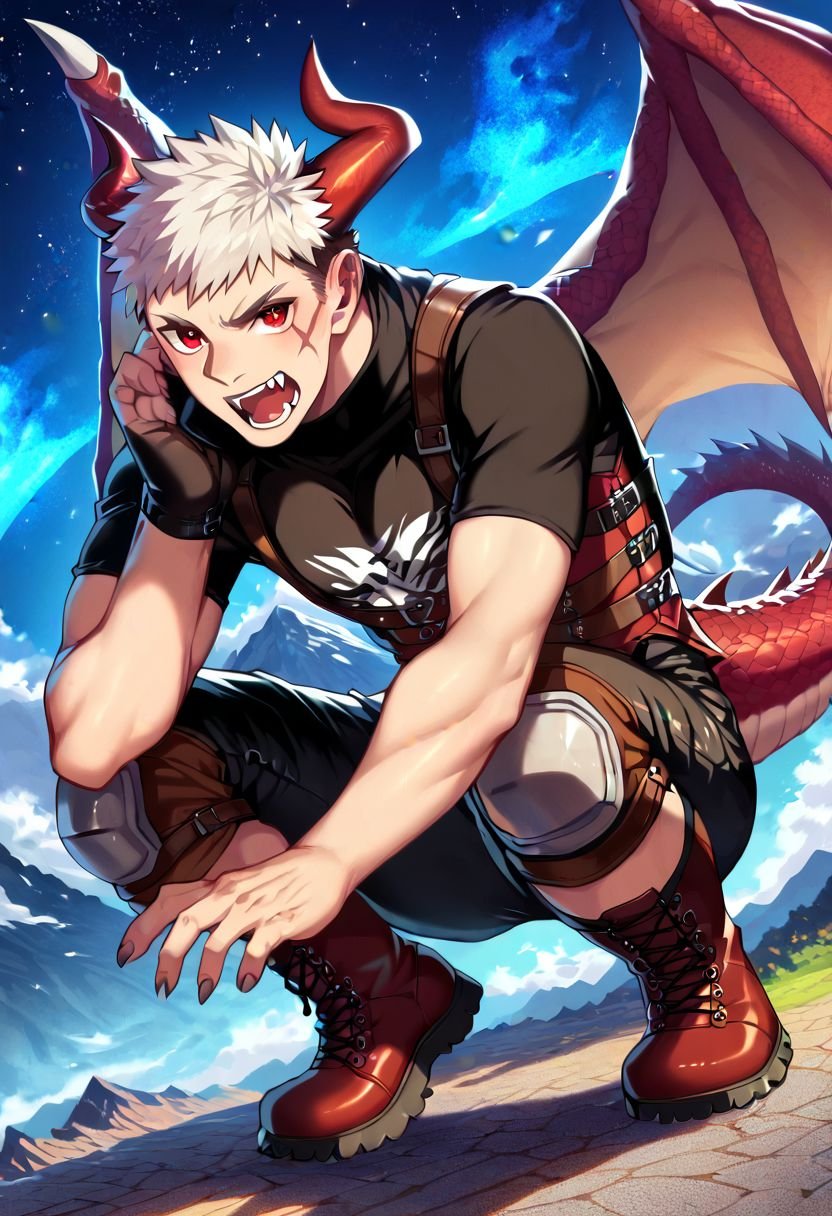 score_9,score_8_up,score_7_up,score_6_up, Highly detailed, high quality, masterpiece, beautiful, alone, looking at viewer, mountain background, at night, starry sky, red eyes, 1adult, short hair, screaming, ,baring teeth, tail, full body, white hair, male focus, large wings, squatting with hands supported, spiky hair, thick dragon tail, large dragon wings, on a mountain cliff, fangs, scar on an eyebrow, horns on the head head, design t-shirt, long white, long sleeves, long black pants, leather knee pads, leather boots, belts, many random scars on the body, darker scars (perfect eyes, perfect pupil), charming, seductive, top of the framed body, perfect anatomy, perfect proportions, 2d, anime, handsome, biseps, A dagger at the waist, high resolution, Dutch angle, half profile, 8k, balanced lights and shadows, dragon claws on the fingers (nails) , very attractive man, excellent definition, surrounded by blue flames