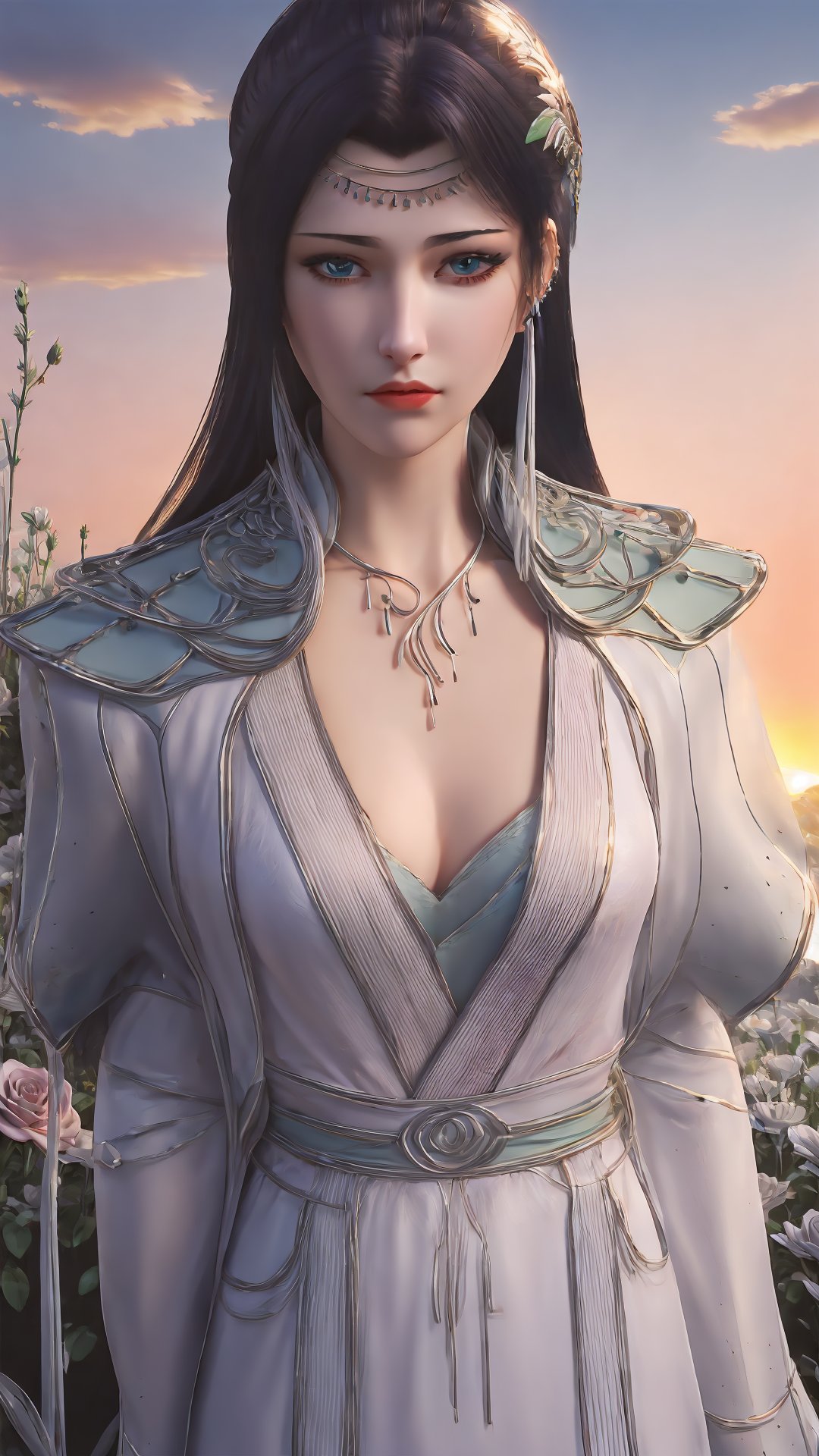 yy,1girl,solo,green chinese clothing,hollow shoulder armor,ear accessories,forehead jewelry,long hair,ear ribbon,black hair,collar,closed mouth,realistic,vague,flower field,tanono,sky,cowboy shot,looking_at_viewer,sunset glow,<lora:玫瑰花场景-王导:0.6>,pink rose,