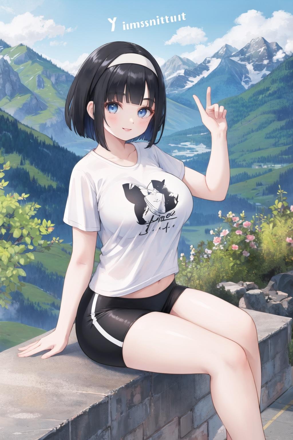 <lora:impshorts-10:0.6>, (impossible shorts), looking at viewer, smile lips, blue eyes, black hair, bob cut, outdoors, mountain, headband, large breasts, t-shirt, sitting