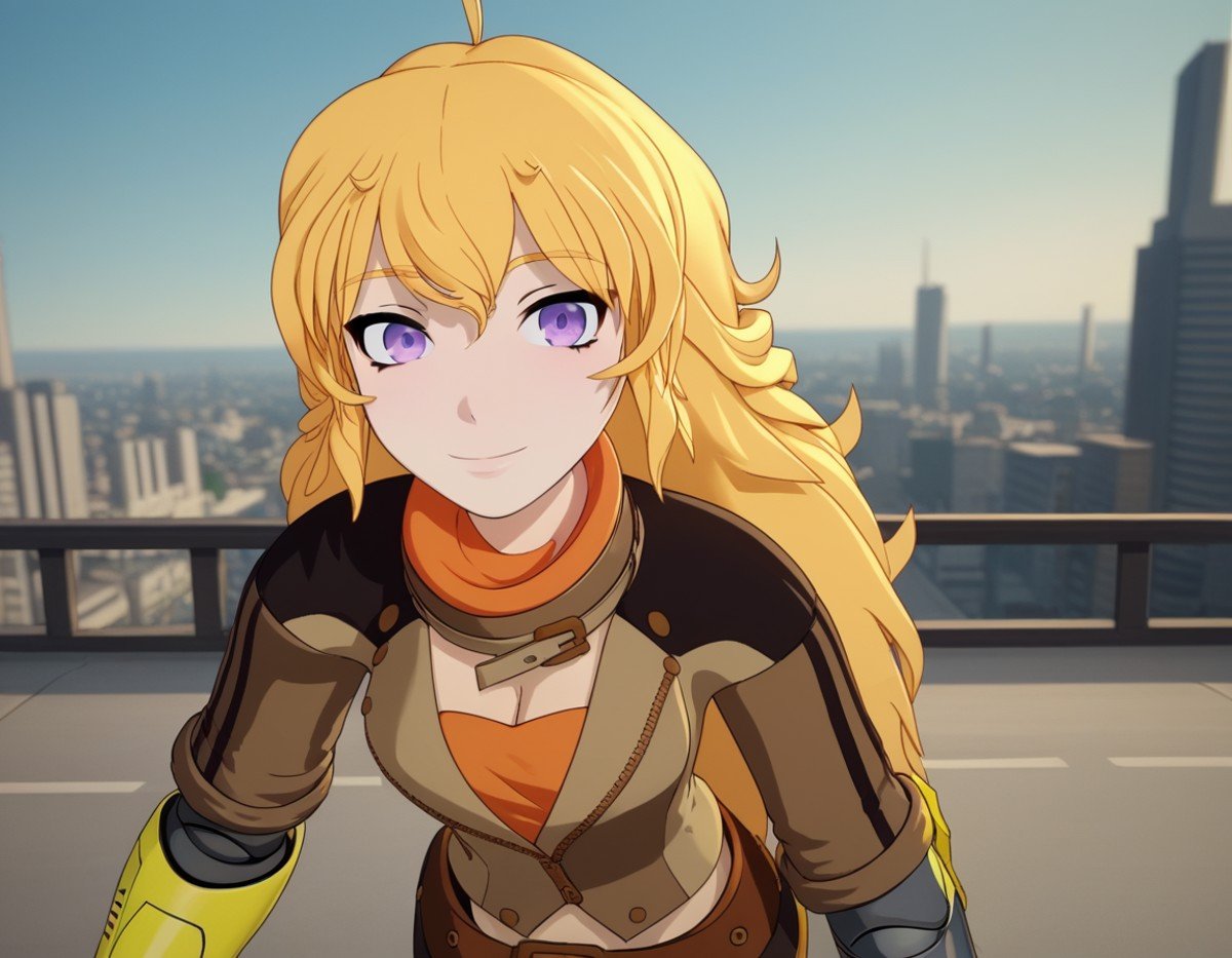 score_9, score_8_up, score_7_up, source_anime, <lora:yang-xiao-long-ponyxl-lora-nochekaiser:1>, yang xiao long, long hair, blonde hair, purple eyes, ahoge, bangs,, cleavage, jacket, belt, mechanical arms, single mechanical arm, prosthesis, prosthetic arm,, cityscape, street, bent over, smile, looking at viewer, solo, cowboy shot, dutch angle