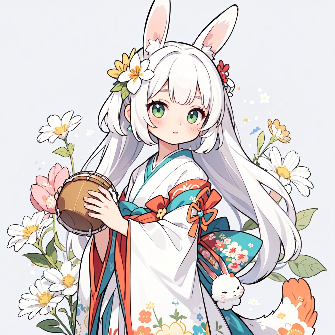 1girl, animal ears, drum, green eyes, white hair, rabbit ears, solo, transparent background, japanese clothes, hair ornament, tail, flower, hair flower, masterpiece,best quality,very aesthetic,absurdres,