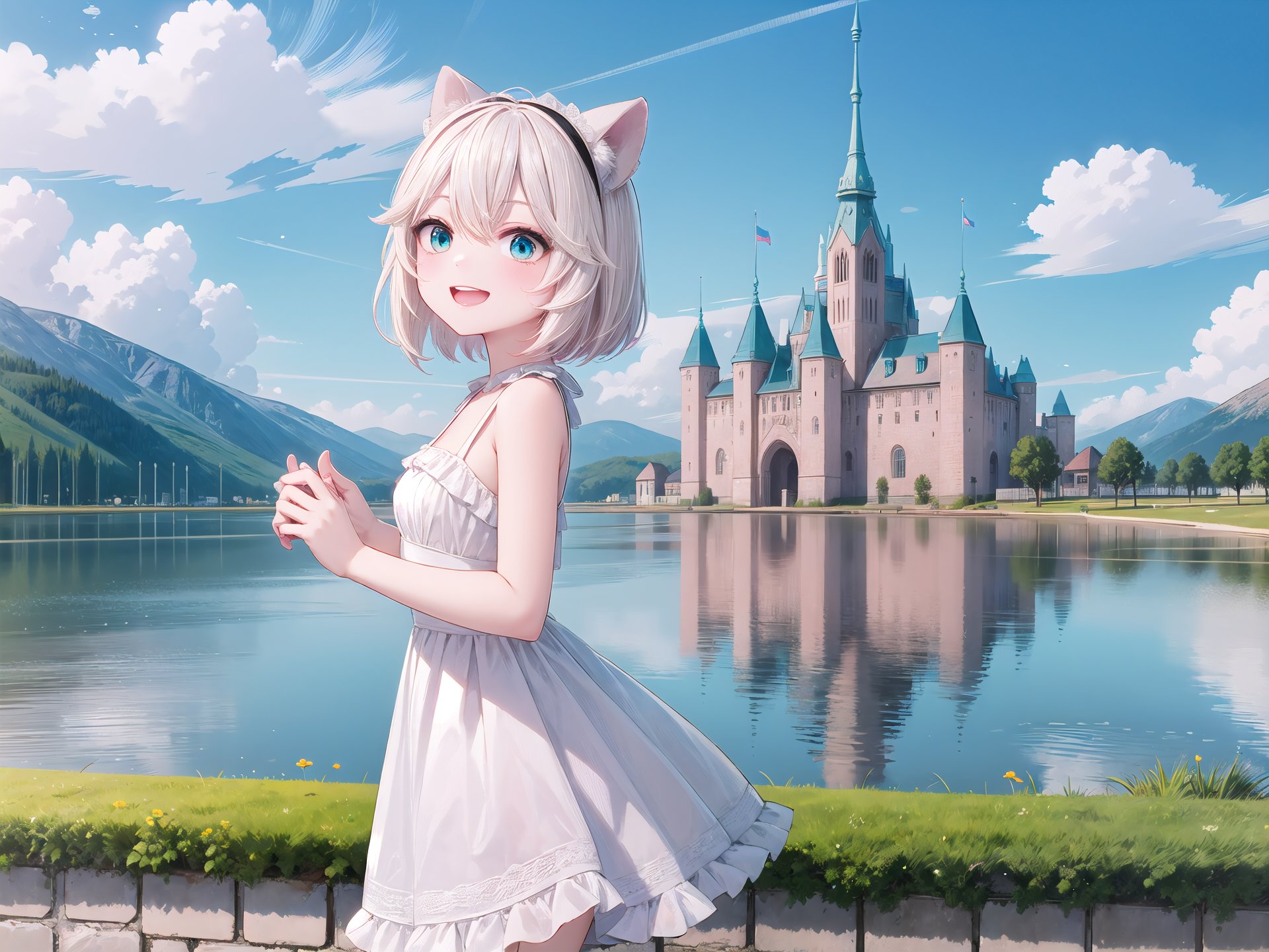 insanely detailed, absurdres, ultra-highres, ultra-detailed, best quality,1girl, solo, nice hands, perfect hands,BREAK(wearing princess dress), teara,happy smile, laugh, open mouth,standing,from side, cowboy shot, looking at viewer, (holding bar:-1.5), (hip:-1.5)BREAKslender, kawaii, perfect symmetrical face, ultra cute girl, ultra cute face, ultra detailed eyes, ultra detailed hair, ultra cute, ultra beautiful,BREAKfantasy world, (castle in background, lake:1.3), (very wide, panorama view, sense of depth, magnificent view:1.3)BREAKprincess girl, pink hair, green eyes, medium breasts