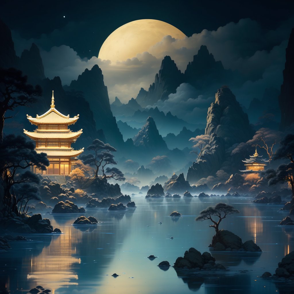 (best quality), (masterpiece), (ultra-detailed), illustration, 8k wallpaper, best illustration, (extremely detailed CG unity 8k wallpaper), huge filesize,tree, no humans, outdoors, scenery, architecture, east asian architecture, cloud, water, bird, night, sky, torii, waterfall, fish, leaf, moon, reflection, nature, mountain, building, blue sky, rock<lora:landscape-000020:0.9>