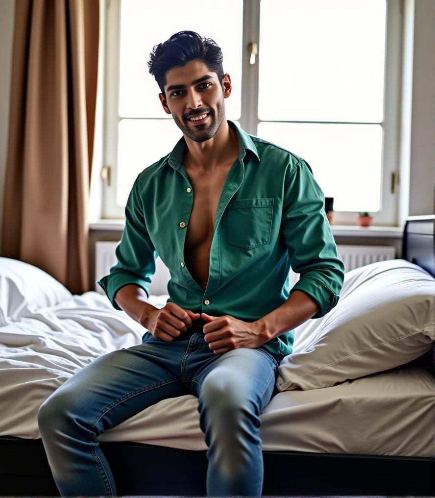 Smaran Sahu ,  He is unbuttoning his green shirt,  sitting on the edge of a black Ikea bed with white sheets by HottiesnHo...