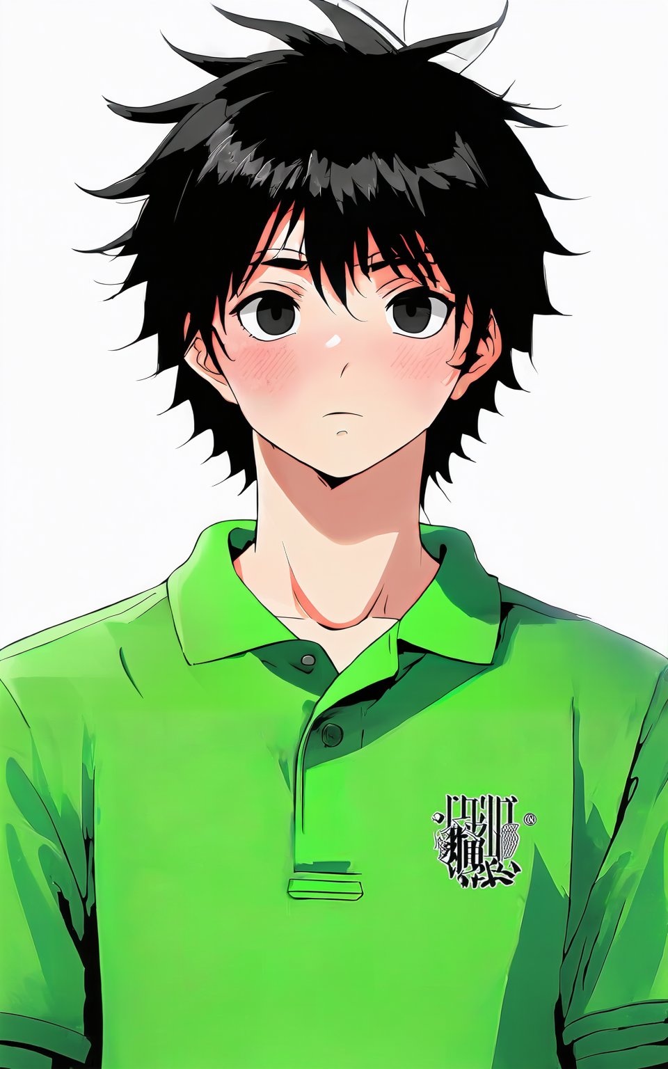 anime style, an anime boy with black hair and a green polo shirt