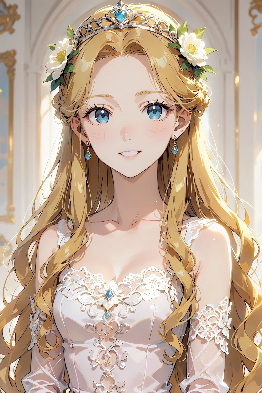 Anime,  Princess with long,  wavy golden hair that falls gently over her shoulders. Her blue eyes shine with a warm by 天TI...