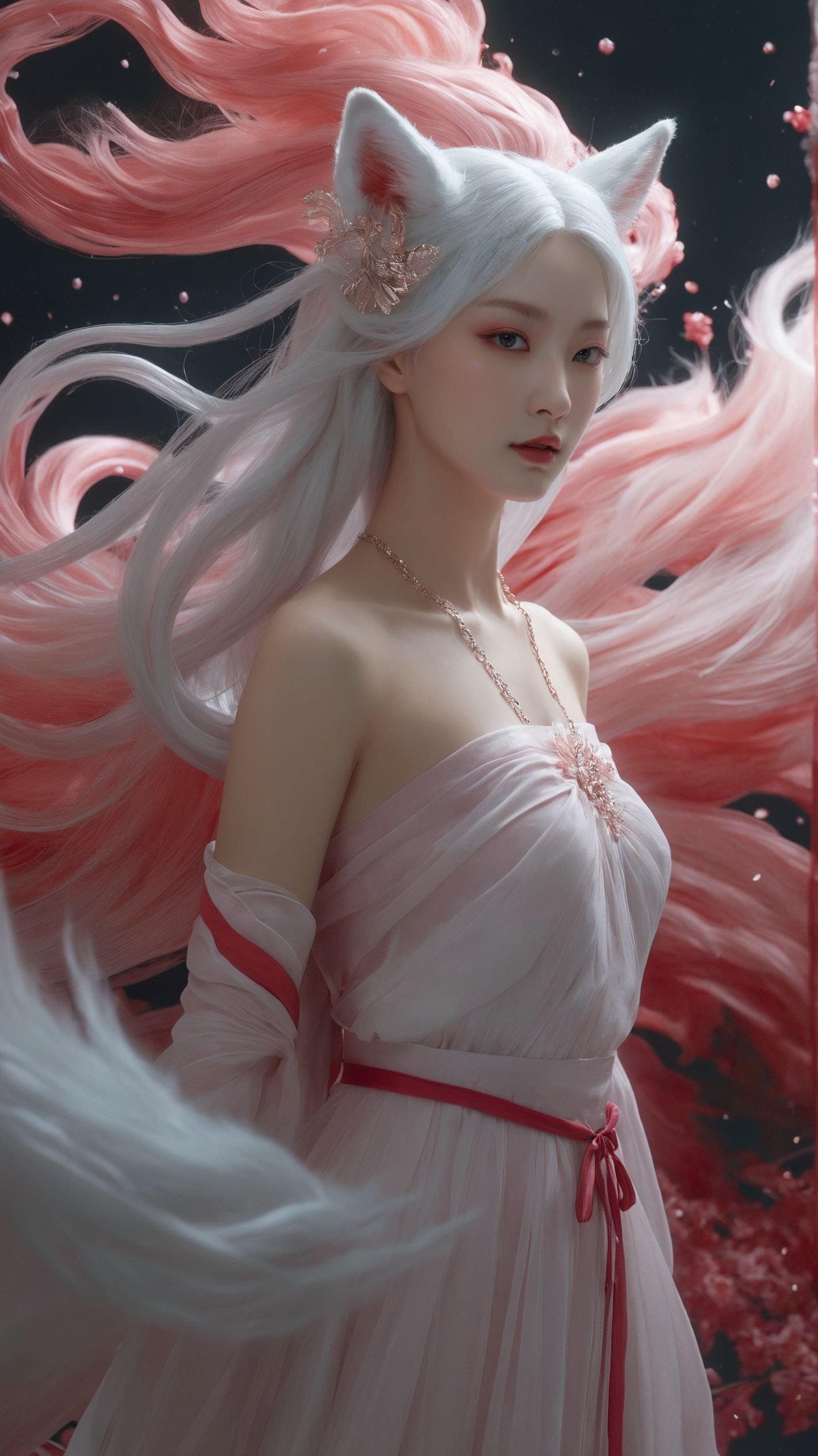 This image showcases A beautiful girl,  wearing a gorgeous Hanfu and exquisite jewelry on her head,  pink smoke swirls aro...