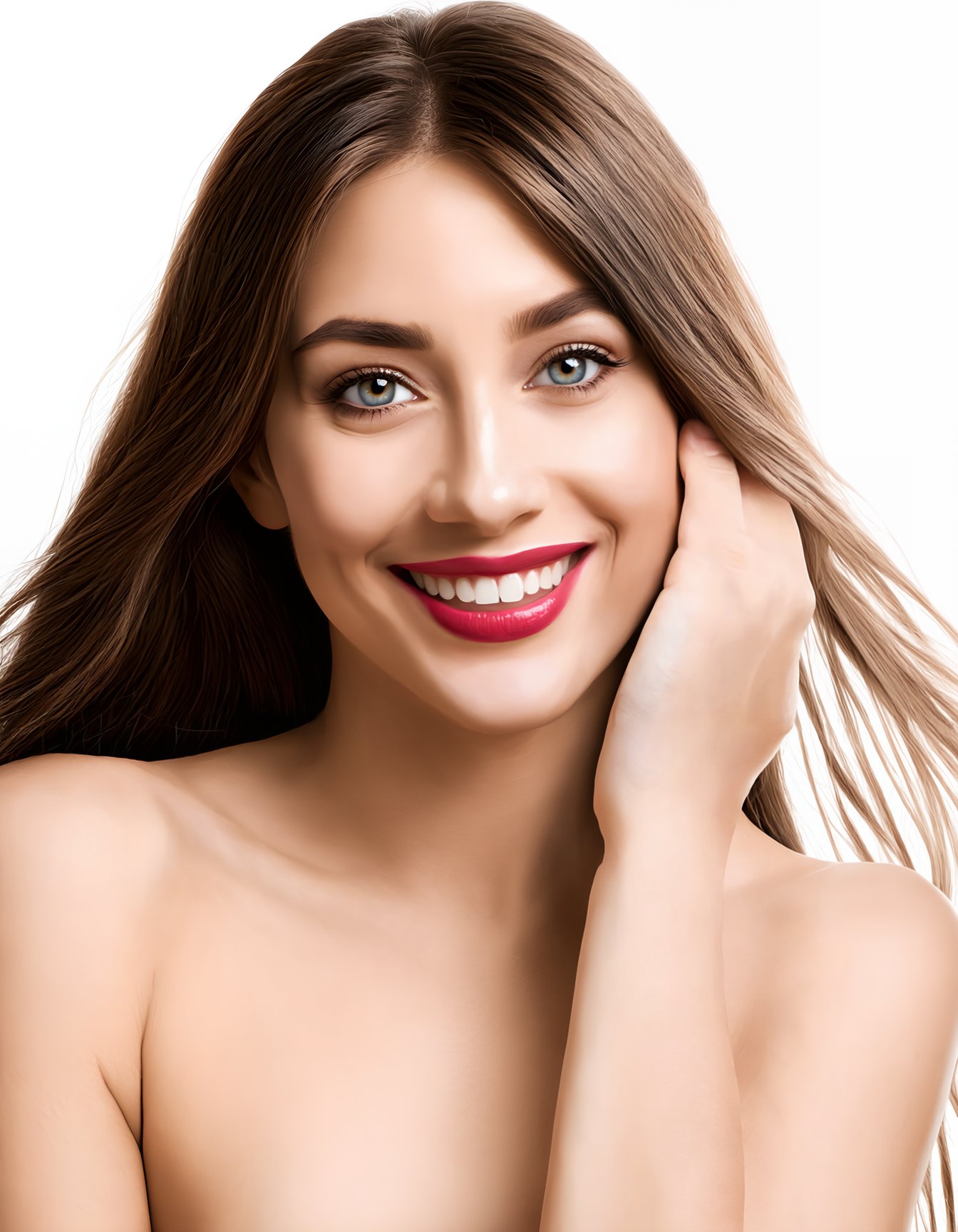 (best quality, 4k, 8k, highres, masterpiece), ultra-detailed, face makeup, cosmetic makeup, woman, long hair, looking at viewer, blue eyes, smile, brown hair, parted lips, lips, makeup, portrait, lipstick, realistic, photorealistic, makeup_slider_v1_sd3m.safetensors