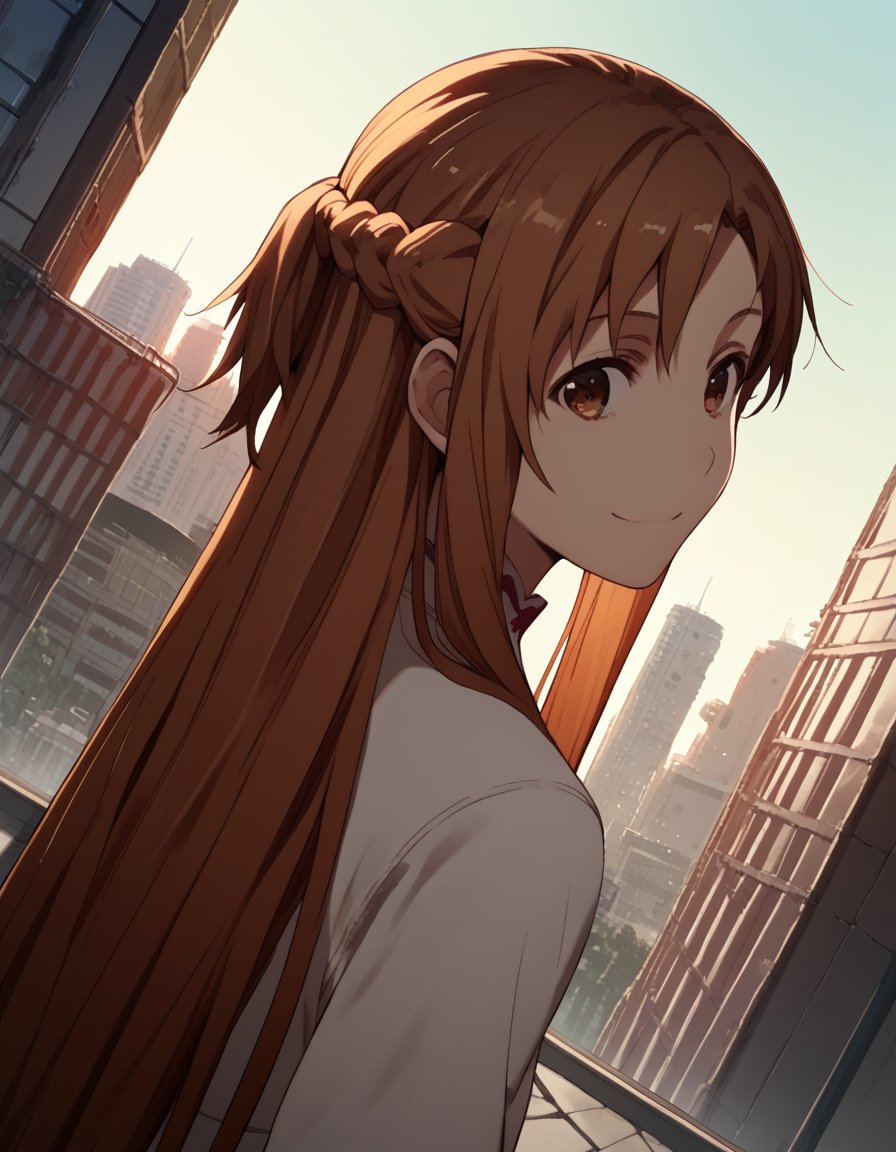 score_9, score_8_up, score_7_up, source_anime, asunayuuki, <lora:asuna-yuuki-s1-ponyxl-lora-nochekaiser:1>, asuna yuuki, long hair, brown hair, brown eyes,, <lora:shaft-look-ponyxl-lora-nochekaiser:1>, shaft look, looking back, from behind, head tilt,, cityscape, street, smile,, cowboy shot, dutch angle, solo,