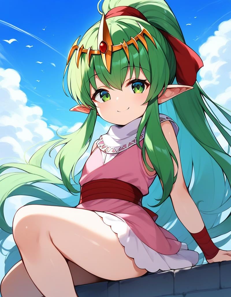 score_9, score_8_up, score_7_up, source_anime, rating_explicit, BREAK  <lora:Tiki_FE_XL:1> Tiki, pointy ears, long hair, green hair, ponytail, tiara, green eyes, flat chest, hair ribbon, very long hair, short stack,outdoors, smile, sky,  dress, short dress, cloud, sleeveless, pink dress, looking at viewer, day, blue sky, sleeveless dress,  thighs, closeup-face