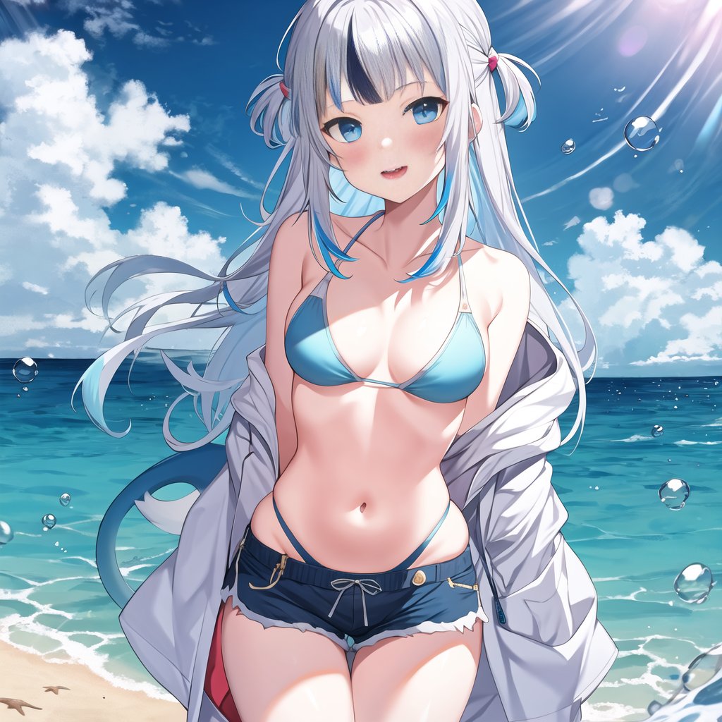 best quality,masterpiece,absurdres,gura,<lora:gura_20231202005931-000010:0.8>,gawr_gura,ocean,virtual_youtuber,1girl,cloud,bubble,swimsuit,water_drop,outdoors,bikini,sky,bare_shoulders,horizon,cloudy_sky,silver_hair,water,long_hair,blue_eyes,air_bubble,multicolored_hair,day,bare_arms,sharp_teeth,collarbone,shorts,streaked_hair,two_side_up,beach,looking_at_viewer,blue_sky,blush,