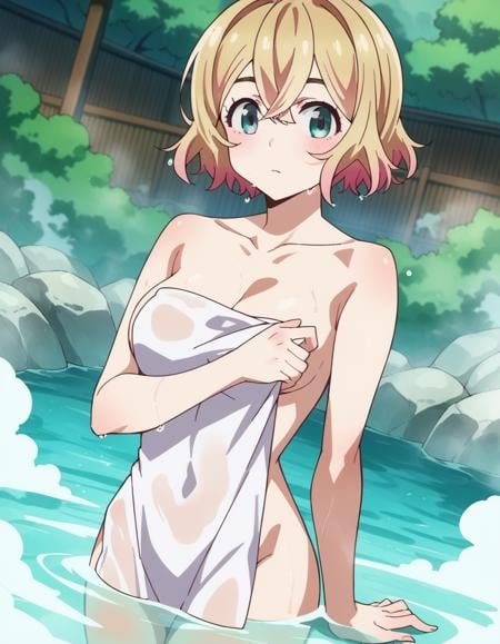 score_9, score_8_up, score_7_up, source_anime,maminanami, <lora:mami-nanami-s1-ponyxl-lora-nochekaiser:1>mami nanami, short hair, aqua eyes, blonde hair, hair between eyes,nude, naked, outdoors, onsen, towel, naked towel, steam, bathing, nude cover, partially submerged, water, bath, steam censor, wet towel,looking at viewer, dutch angle, cowboy shot