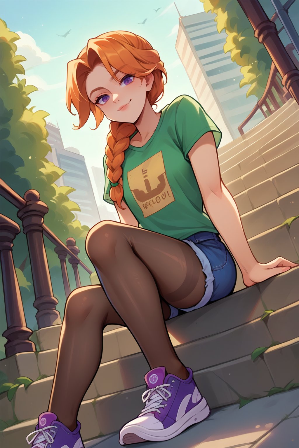 score_9, score_8_up, score_7_up, source_anime, 1girl, solo, <lora:NSLeahStardew:1> NSLeahStardew, orange hair, single braid, long hair, braid, braid in front, purple eyes, graphic tee, green t-shirt, denim shorts, pantyhose under shorts, pantyhose, sitting, stairs, outdoors, city, sneakers, dutch angle, full body, from below, looking at the viewer, smug