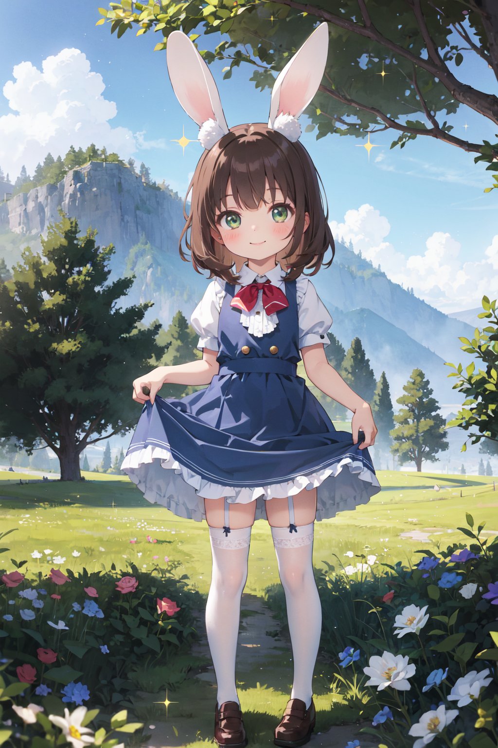 masterpiece,best quality,(ray tracing,cinematic lighting),(absurdres, highres, ultra detailed), 1girl, (loli:1.3), (child:1.3), alice_\(alice_in_wonderland\), animal_ears, blush, brown_hair, bush, clothes_lift, cup, day, dress, dress_lift, fake_animal_ears, grass, green_eyes, looking_at_viewer, mountain, one_side_up, outdoors, rabbit_ears, rose, skirt_hold, skirt_lift, smile, solo, teacup, teapot, thighhighs, tree, white_legwear, sparkle