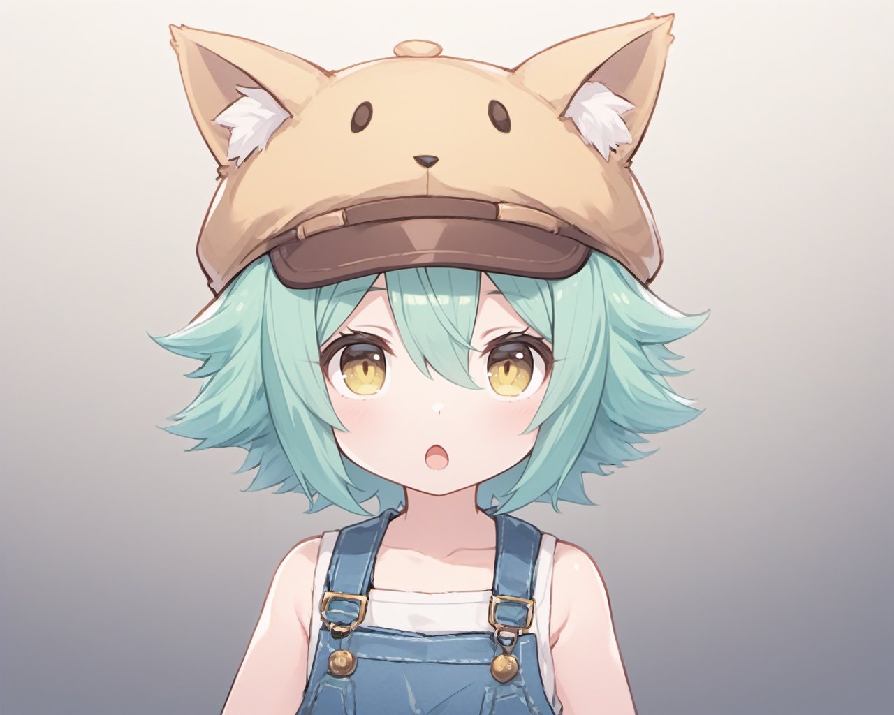 <lora:SDXL-Nekopara-Base-Lora-000002:0.75>,nekopara, Cacao_\(nekopara\), Nekopara_Cacao, 1girl, solo, hat, animal_ears, overalls, yellow_eyes, looking_at_viewer, short_hair, upper_body, animal_ear_fluff, cabbie_hat, gradient_background, hair_between_eyes, :o, gradient, sleeveless, collarbone, green_hair, bangs, animal_hat, parted_lips, simple_background, open_mouth