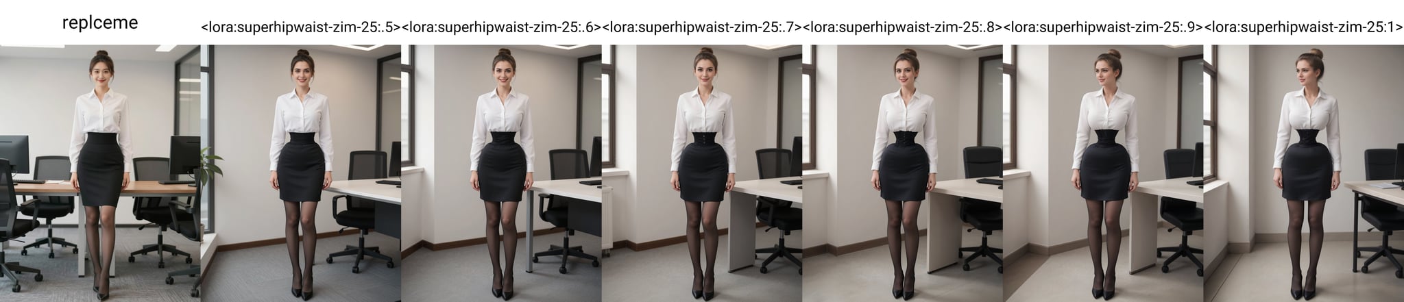 photograph of a woman standing in a well lit office,  wearing a white blouse and a black pencil skirt,  pantyhose and blac...