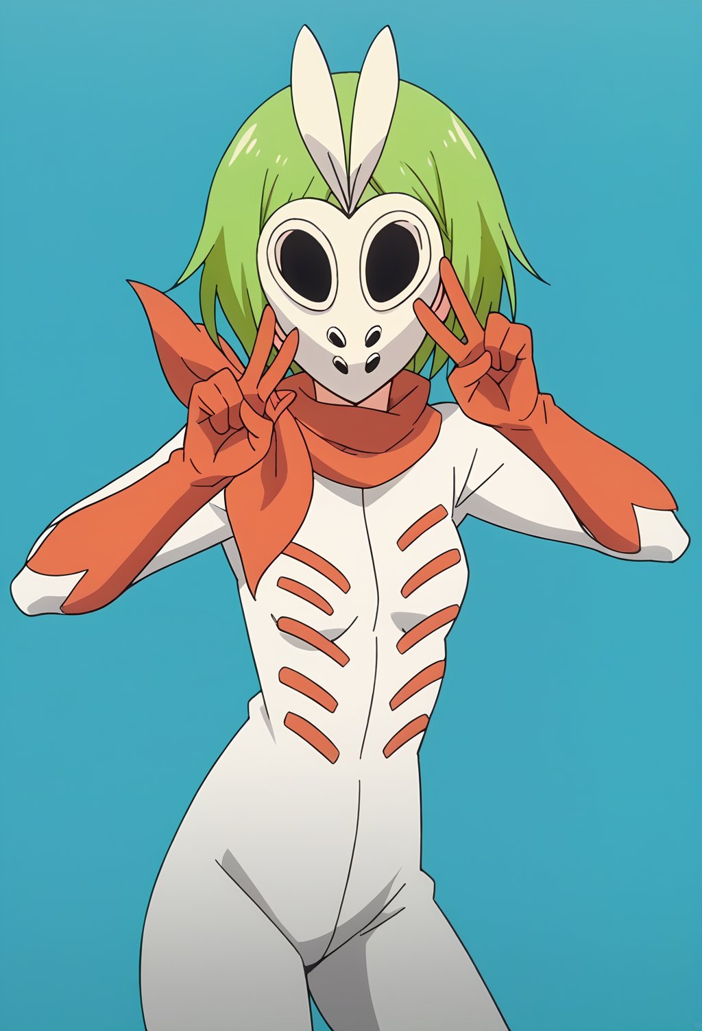 score_9, score_8_up, score_7_up, score_6_up, score_5_up, score_4_up, mashirokuna, green hair, mask, hollow_mask, bodysuit, scarf, gloves, looking at viewer, source_anime, screencap,small breasts, simple background, , white bodysuit, orange gloves, blue background, (double_v), cowboy, Negative prompt: low quality, bad quality, 3d, sketch, Steps: 25, Sampler: Euler a, CFG scale: 5.0, Seed: 1149148852, Size: 832x1216, Model: animeModel_amorev2PDXL, Clip skip: 2,