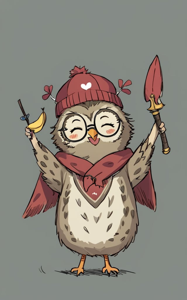 comic_style, children's_painting_style, no humans, fruit, food, bird, closed eyes, hat, heart, smile, ((weapon)), holding, standing, owl, simple background, looking at viewer, grey background, eating, closed mouth, animal, ^ ^, animal focus, arms up, clothed animal, open mouth, chicken, glasses, sketch, walking, facial mark, arm up,<lora:好吃米-儿童绘本:0.8>,