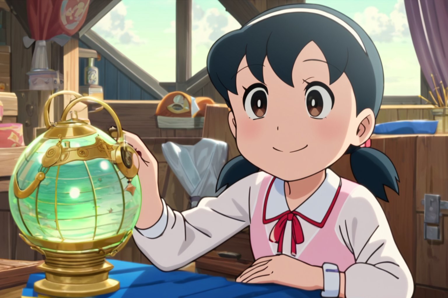 score_9, score_8_up, score_7_up, score_6_up, score_5_up, score_4_up, source_anime,minamoto shizuka, smile, 1girl, solo, low twintails, Teenage girl navigator studying ancient maps in a grand ship's cabin, surrounded by nautical instruments, glowing globe, and exotic artifacts, warm candlelight, tall windows showing a starry night sky and phosphorescent sea, sense of adventure and discovery, child,masterpiece, perfect face, best quality, beautiful eyes, shiny eyes, anime coloring, anime screencap, absurdres, award winning,masterpiece, perfect face, best quality, beautiful girl, cute girl, beautiful eyes, shiny eyes, anime coloring, anime screencap, absurdres,<lora:minamoto shizuka auti 923 1:0.8>