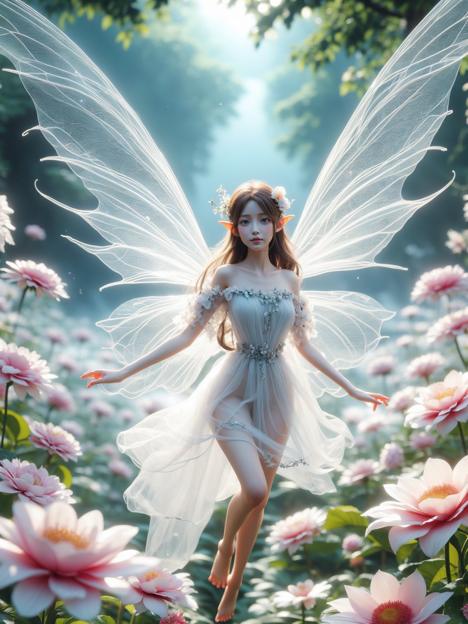 spirit_, 1girl, flower, fairy, wings, long hair, pointy ears, solo, barefoot, blurry, see-through, brown hair, dress, bare shoulders, faceless, white dress, depth of field, blurry background, holding, outdoors, hair flower, full body, nature, hair ornament, white flower, fairy wings, looking at viewer <lora:kim_彼岸花精灵_v1:0.85>