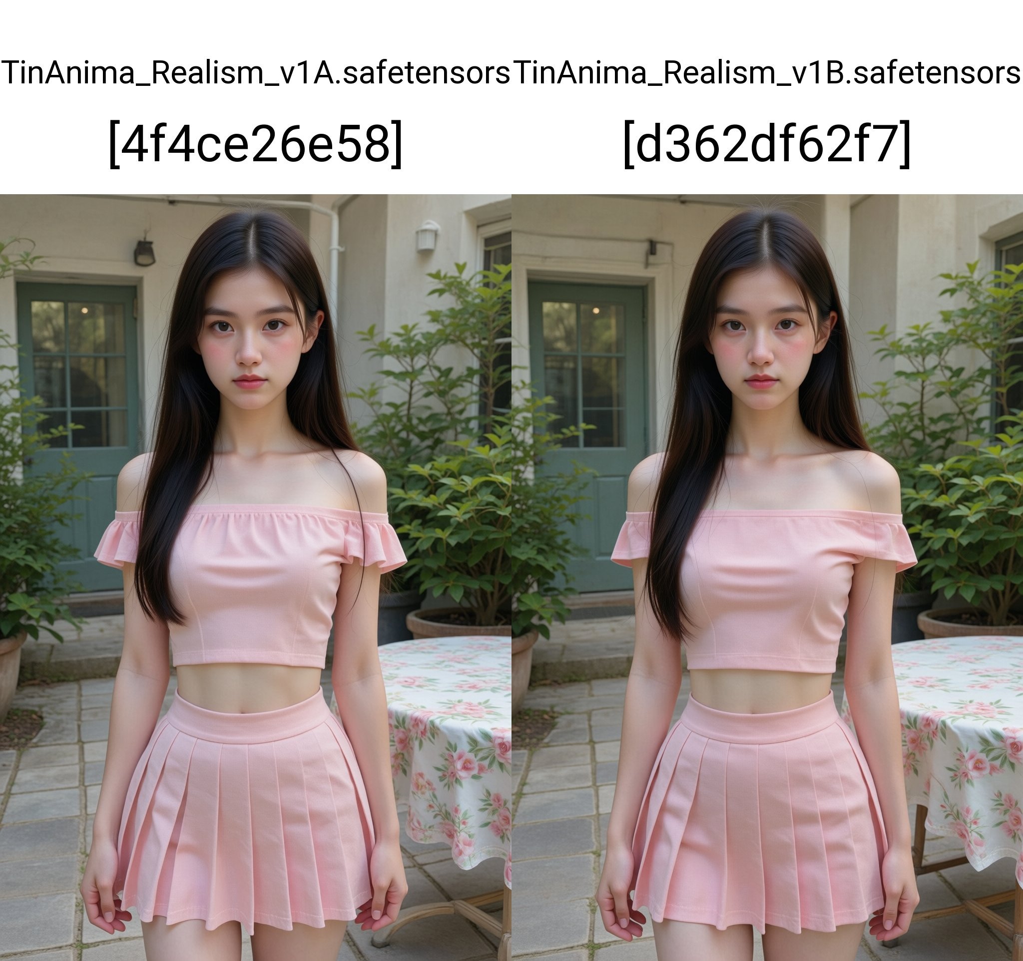 A young East Asian woman with long,  dark hair stands centered in the frame,  facing forward. She has fair skin by 天TIN on...