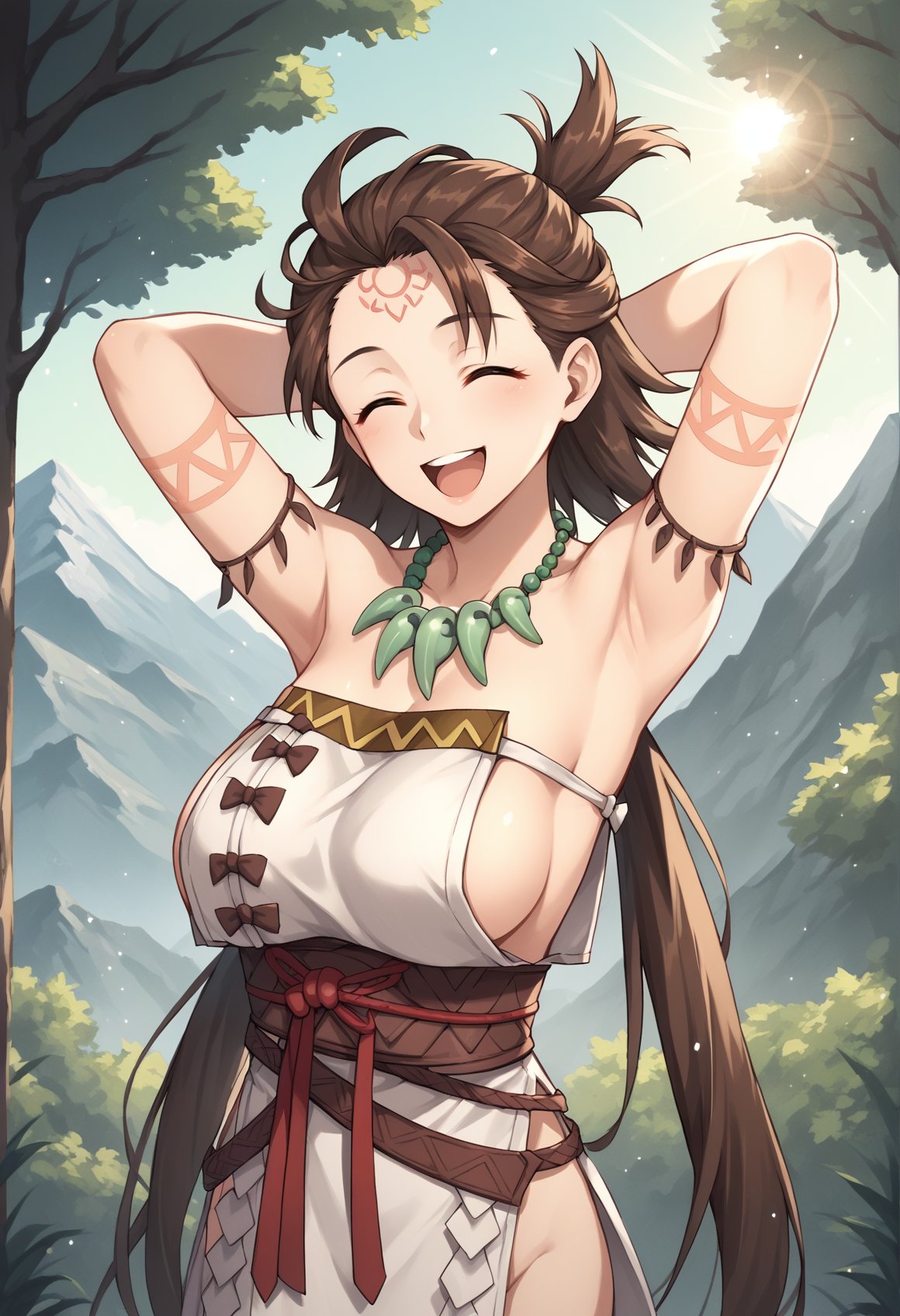 1girl, brown hair, long hair, low twintails, topknot, brown eyes, body markings, facial mark, forehead mark, jewelry, white dress, sideboob, side slit, necklace, magatama, magatama necklace, sash, no bra, no panties, upper body, outdoors, mountain, forest, arms behind head,  smile, closed eyes, open mouth, sunlight <lora:Himiko:0.8>, score_9, score_8_up, score_7_up, score_6_up, score_5_up, score_4_up, BREAK source_anime, masterpiece