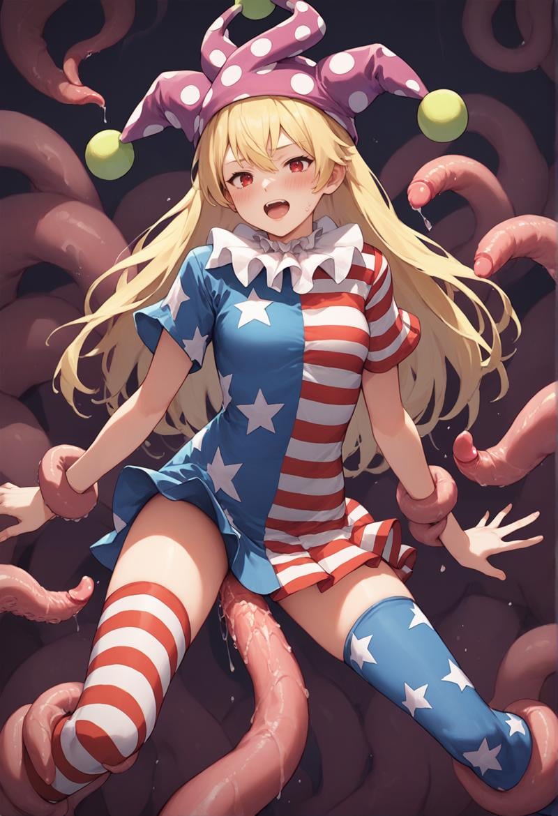 score_9, score_8_up, score_8, score_9, 1 girl,  source_anime, <lora:clownpiece_pony-10:1>, jester cap, neck ruff, blonde hair, american flag legwear, american flag dress:0.8, clownpiece, red eyes, long hair, detailed background, short sleeves, (tentacles:1.5), tentacle sex, rating_questionable