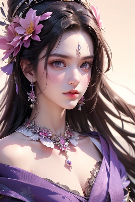 1girl, solo, jewelry, earrings, long hair, portrait, brown hair, hair ornament, looking at viewer, flower, purple eyes, realistic, lips, eyelashes, hand up, hair flower, flower earrings <lora:仙侠-000009:1>, ray tracing, (best quality), ((masterpiece)), (highres), original, extremely detailed 8K wallpaper, (an extremely delicate and beautiful), incredibly_absurdres, colorful, intricate detail, artbook, <lora:仙侠:0.8>