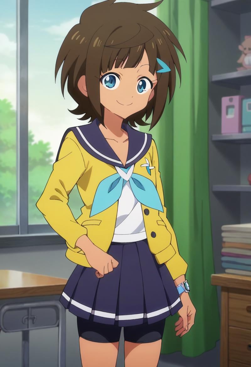 score_9, score_8_up, score_7_up, score_6_up, score_5_up, score_4_up , anime coloring ,BREAK source_anime, anime,screencap,1girl, solo, short hair, blue eyes, skirt, brown hair, hair ornament, school uniform,  dark skinned, pleated skirt, hairclip, bike shorts,  <lora:PonyXL SV Ren v3:1>indoors, looking at viewer, smiling