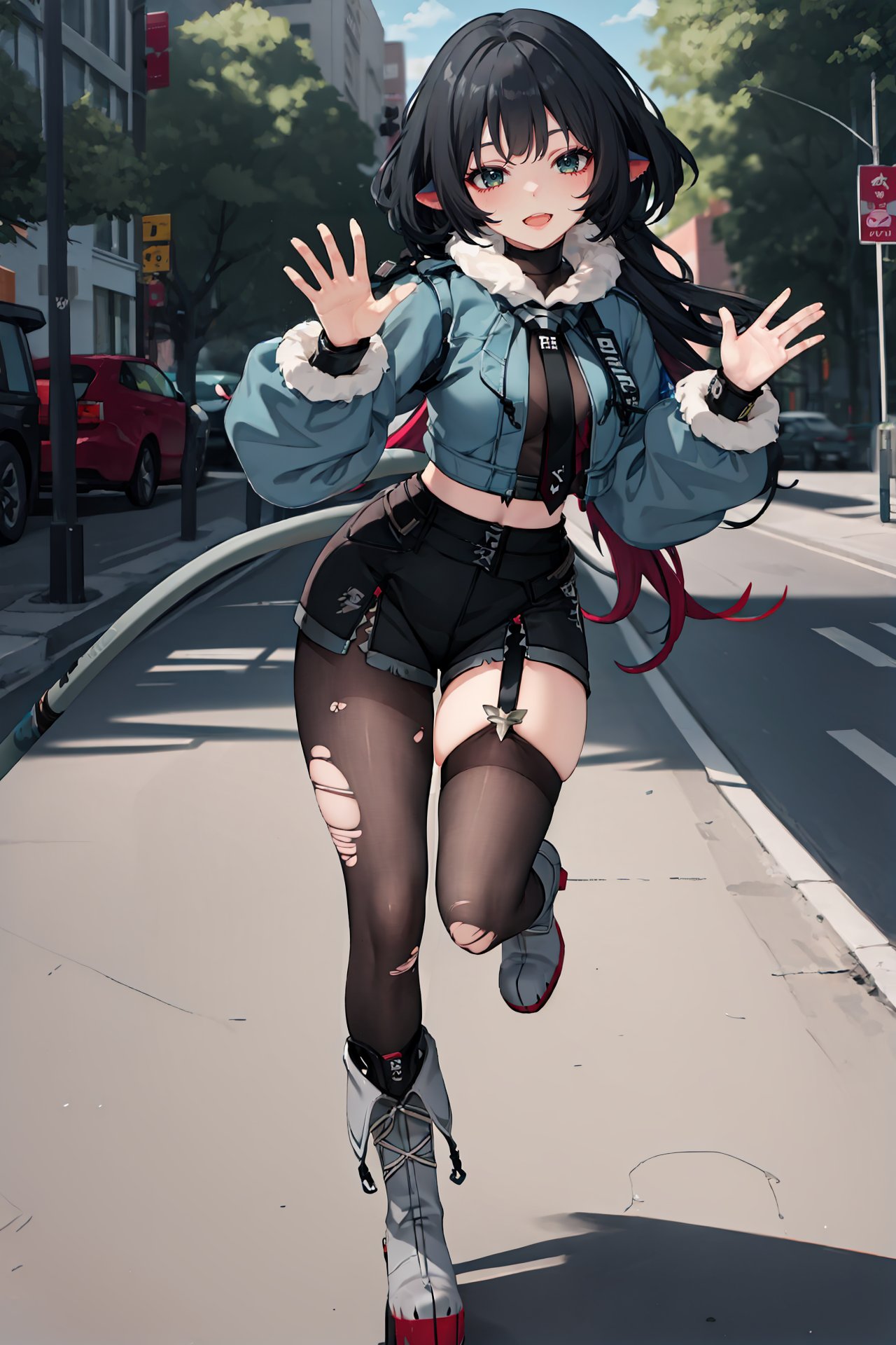 1girl, jane doe \(zenless zone zero\), fingerless gloves, black shorts, tail, cropped jacket, sports bra, single garter strap, single leg pantyhose, single thighhigh, necktie, long hair, looking at viewer, smiling, open mouth, street, outdoors, depth of field, standing on one leg, waving, full body, platform boots