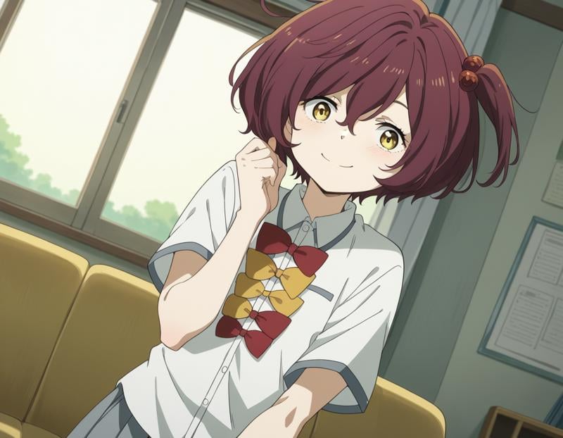 score_9, score_8_up, score_7_up, source_anime, <lora:chika-komari-alpha-ponyxl-lora-nochekaiser:1>, chika komari, short hair, bangs, brown hair, hair ornament, hair between eyes, side ponytail, one side up, hair bobbles, yellow eyes,, skirt, shirt, bow, school uniform, white shirt, short sleeves, pleated skirt, bowtie, yellow bow, grey skirt, yellow bowtie, red bow, red bowtie,, indoors, smile, looking at viewer, solo,, cowboy shot, dutch angle