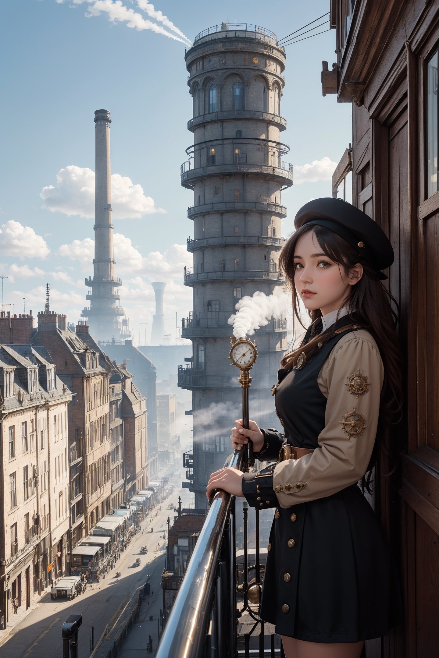 1girl, portrait,A sprawling city filled with Victorian architecture and clockwork towers, Airships float in the sky above, while steam-powered carriages travel on the streets below, The foreground features brass pipes and cogs and gears, along with copper boilers and factories with smokestacks emitting steam