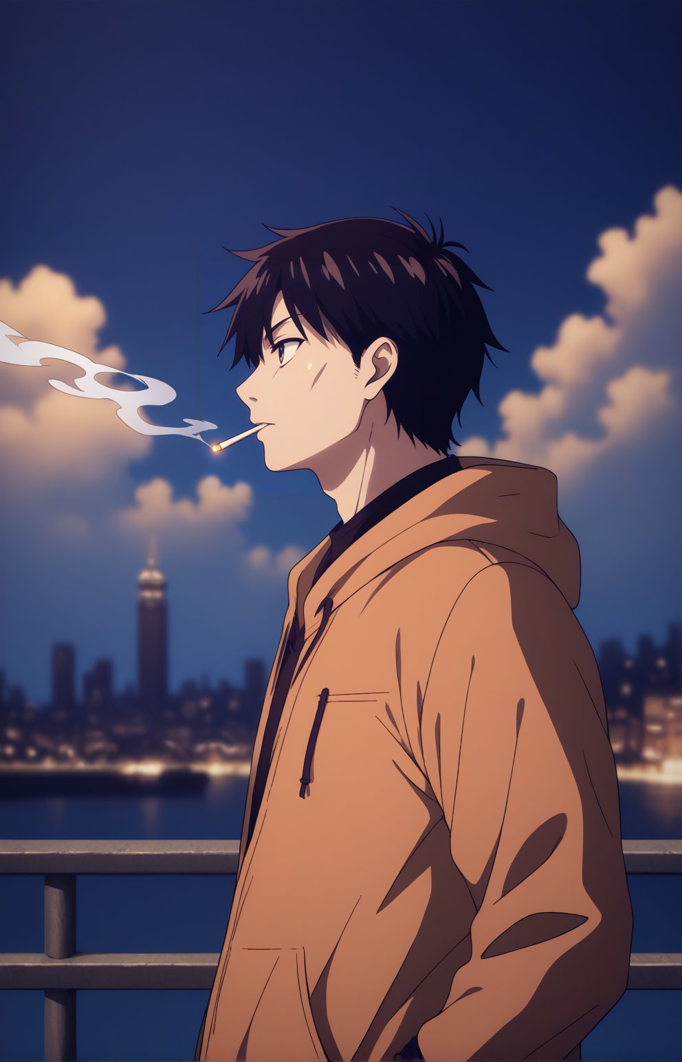 score_9, score_8_up, score_7_up, BREAK source_anime, 1boy, solo, from side, limited palette, low contrast, (ligne claire), long straight black hair, looking away, standing, cigarette in mouth, smoke, night sky, clouds, city, sunset, sky scrapers, bridge, depth of field, black, red, orange, brown, autumn, haze, cowboy shot