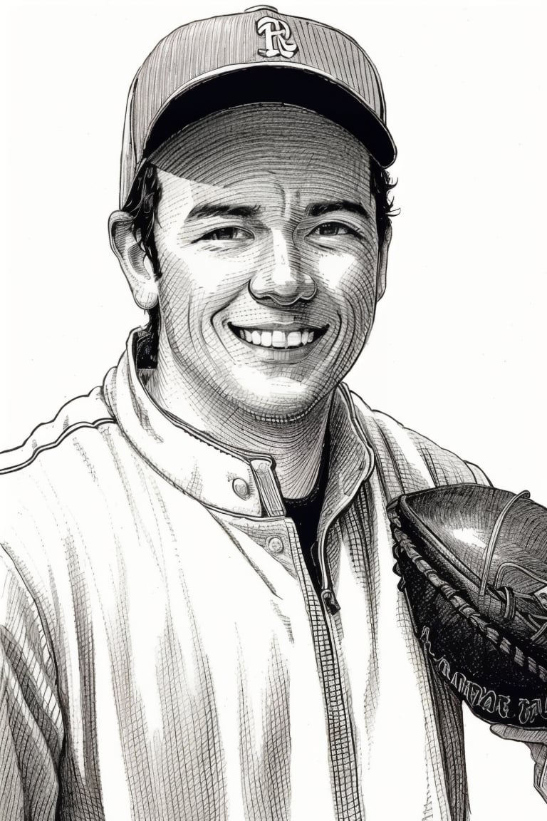 ((HRD, HUD, 8K)),((masterpiece, best quality)), highly detailed, soft light,PenDrawing, monochrome, greyscale, 1boy, male focus, solo, smile, baseball mitt, dark skin, hat, white background, sportswear, baseball, looking at viewer, simple background, dark-skinned male, upper body, baseball cap, helmet, baseball uniform, <lora:20240502-1714613055003:0.8>