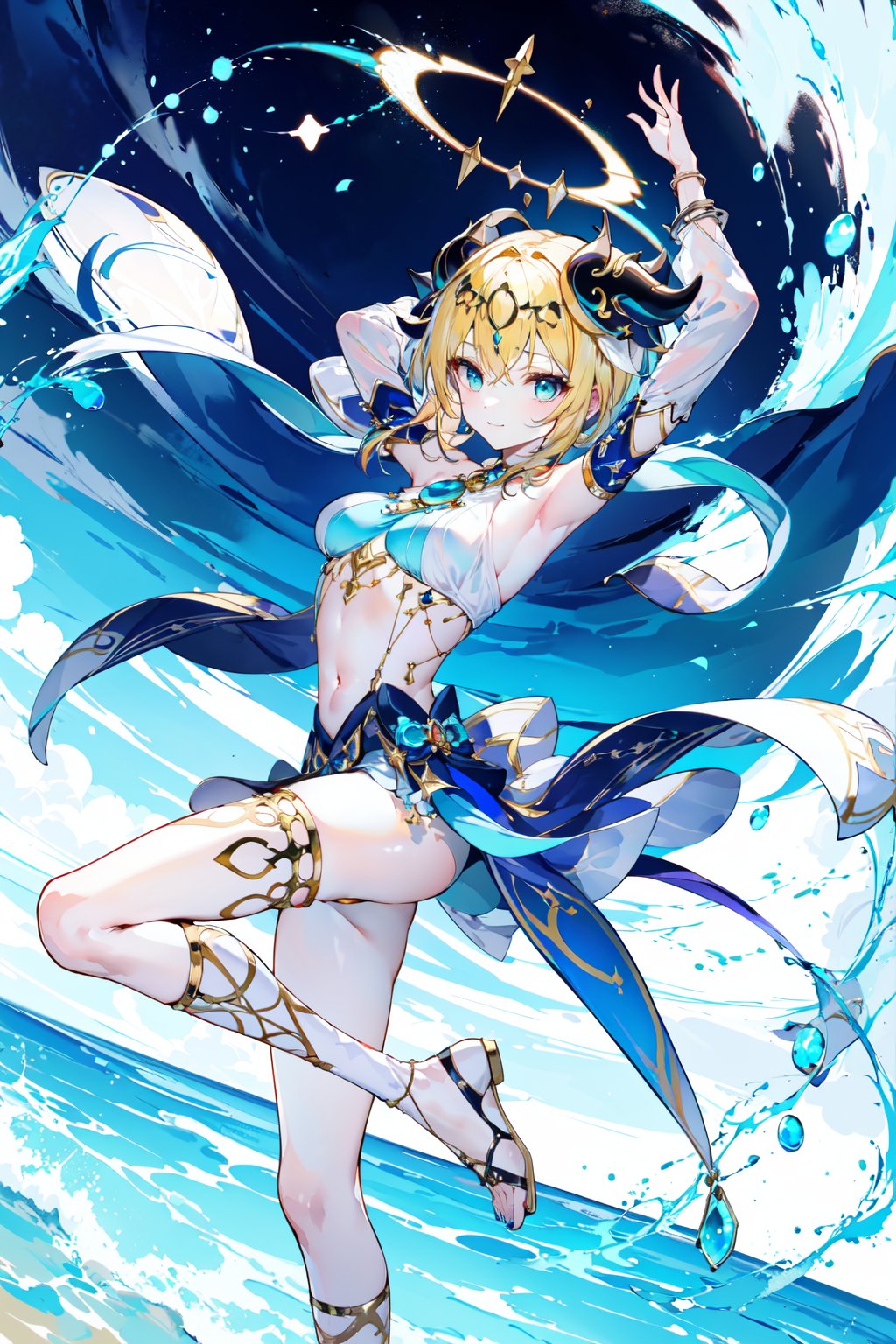 -dance dive, paimon \(genshin impact\), armlet, gladiator sandals, jewelry, breasts, nilou \(genshin impact\), lumine \(genshin impact\), chain, arms up, multiple girls, stomach, harem outfit, looking at viewer, navel, red hair, bracelet, circlet, dancer, belly chain, thighlet, floating hair, skirt, 3girls, blonde hair, long hair, closed mouth, medium breasts, yellow eyes, blue sky, sky, gem, blue nails, hair ornament, bangs, bare shoulders, armpits, veil, gold footwear, alternate costume, smile, pelvic curtain, horns, blue skirt, see-through, brooch, dancing, thighs, median furrow, tattoo, vision \(genshin impact\), sandals, bracer, cloud, gold chain, flower, nail polish, standing, back tattoo, bare arms, sidelocks, blue gemstone, day, blue eyes, hair flower, outdoors, white flower, puffy sleeves, twintails, short hair with long locks, bare back, bow, hair between eyes, long sleeves, white hair, cosplay, gold trim, legs, crop top, detached sleeves, halo, pillar, standing on one leg, sleeveless, white headwear, back, clothing cutout, halterneck, leg up, bangle, aqua nails, looking back, blue bow, revealing clothes<lora:dancing diva-000018:0.8>,