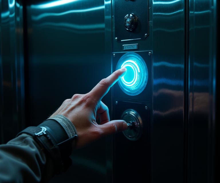 first person pov reaching out finger, pressing a high tech cyberpunk elevator button