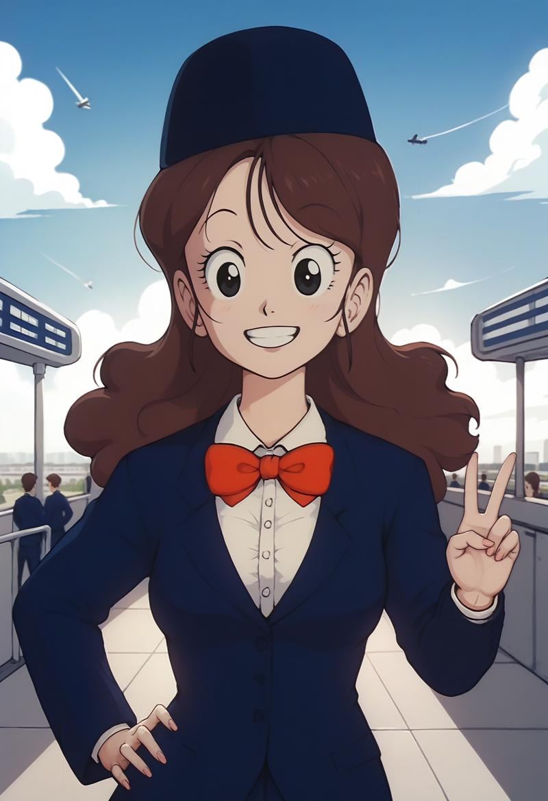 score_9, score_8_up, score_7_up, score_6_up, <lora:DBExtraGirl03FFA:0.9>, DBExtraGirl03FFA, brown hair, long hair, black eyes, breasts,attendant hat, blue jacket, white collared shirt, red bowtie, skirt, suit,hand on own hip, looking at viewer, pov, facing viewer, v sign, smile, BREAK airport, day, blue sky, sunlight, 