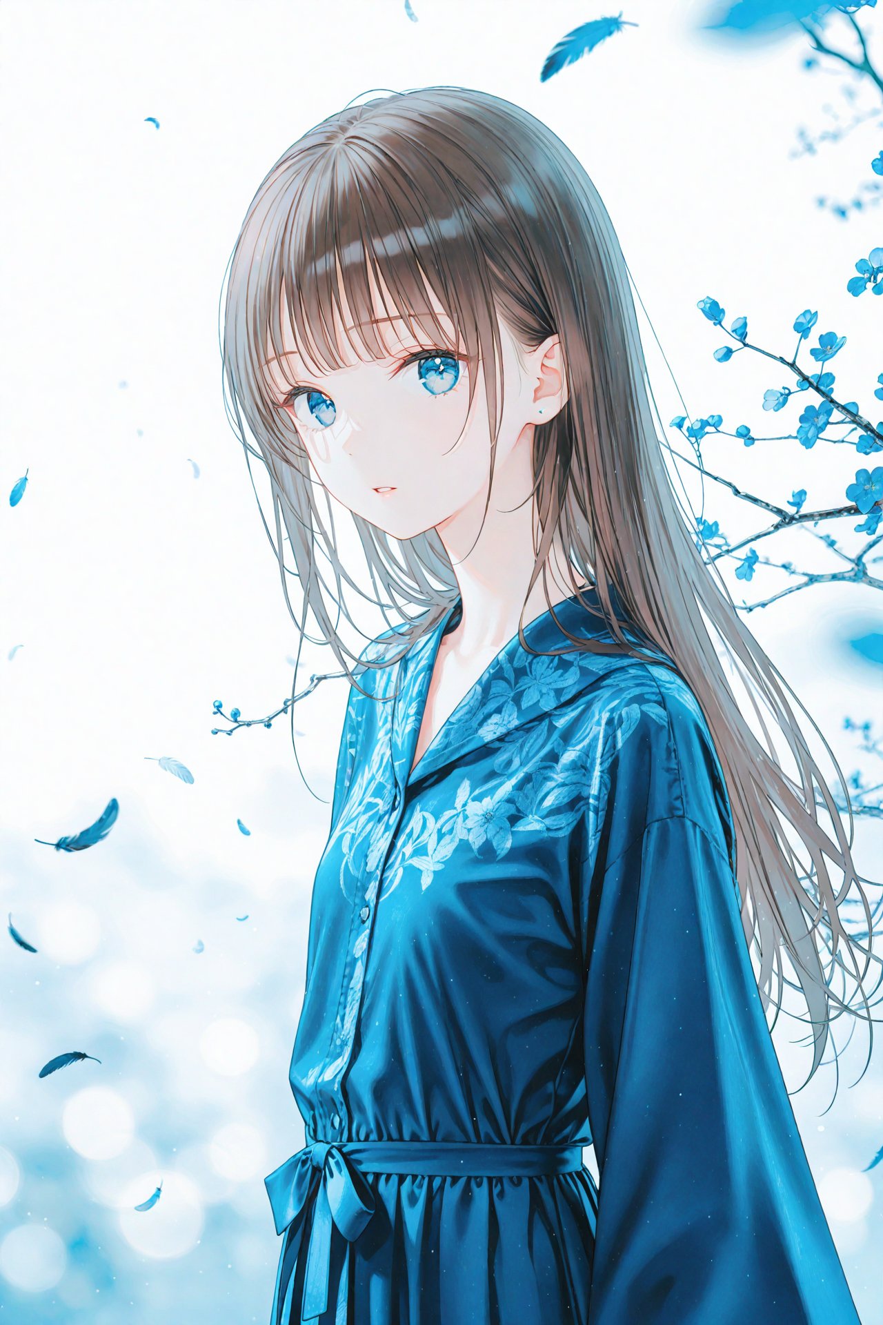 masterpiece,best quality,illustration,ultra detailed,hdr,Depth of field,(colorful),[iumu],[Artist chen bin],Artist hiten (hitenkei),feathers,solo,1girl,long hair,dress,looking at viewer,long sleeves,blurry foreground,brown hair,parted lips,white background,blue eyes,blurry,depth of field,blue dress,flower,blue theme,branch,