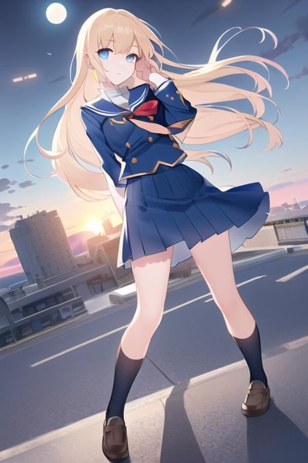 full body,tareme,big eyes,(shining) eyes,inviting face,(high detailed school uniform:1.2),band of light,(wind:1.4),anime,realistic,high detailed eyes,perfect anatomy,(masterpiece,best quality,high detailed:1.4),8k,cg.wallpaper,(blue sunset:1.4),(moon:1.2),1girl,solo,chests lift,looking at viewer,(top of the building:1.2)