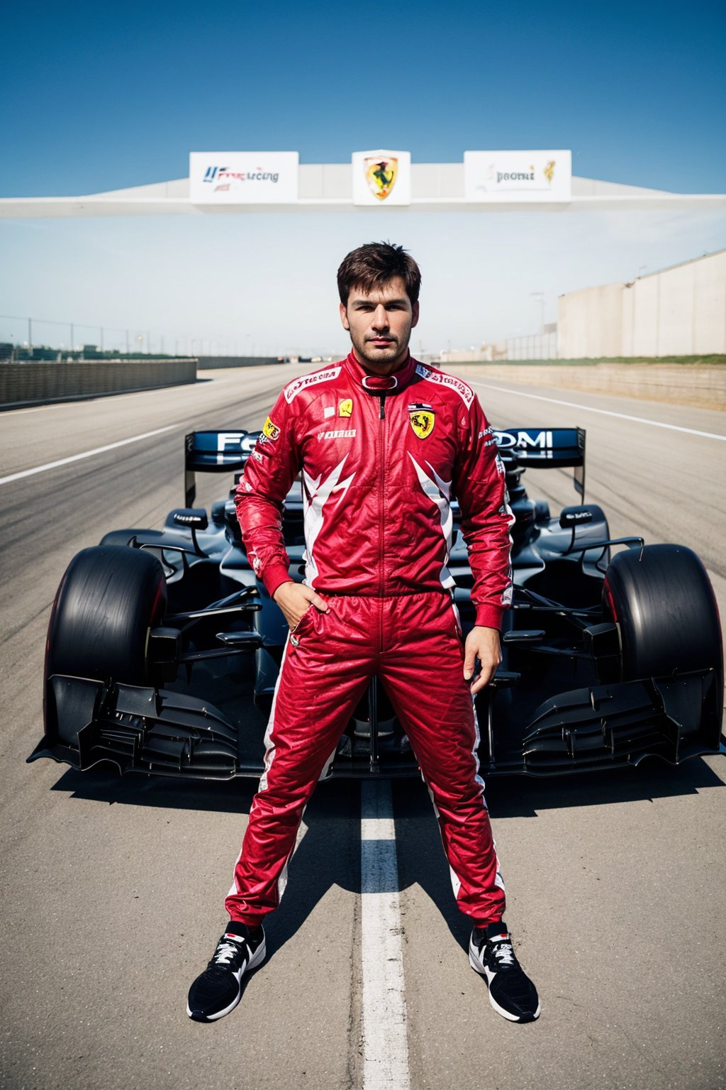 adult man, posing to viewer, solo:1, pov, (face upward:0.37), ferrari F1 background, long shot, full body, sport suit