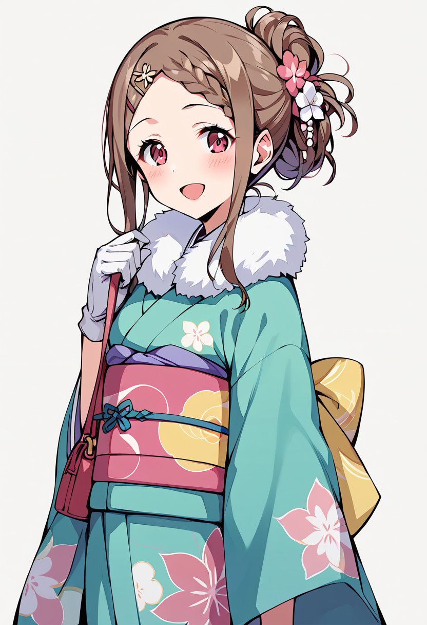 score_9, score_8_up, score_7_up, best quality, masterpiece, source_anime BREAK1girl, aoba kokona, japanese clothes, kimono, solo, hair flower, white gloves, smile, sash, open mouth, obi, looking at viewer, blush, brown hair, red eyes, floral print, alternate hairstyle, fur collar, :d, handbag, long sleeves, wide sleeves, hairclip, green kimono, twin braids, hair up, print kimono, fur trim, short hair, ponytail, furisode, bangs, half gloves, upper body, holding bag, hair bun, kanzashi, pink bow, pouch, pink flower, white flower, fur-trimmed kimono, pink eyes, white background, standing, kinchaku <lora:aoba_kokona_sdxl_locon_pony_v1:0.7>