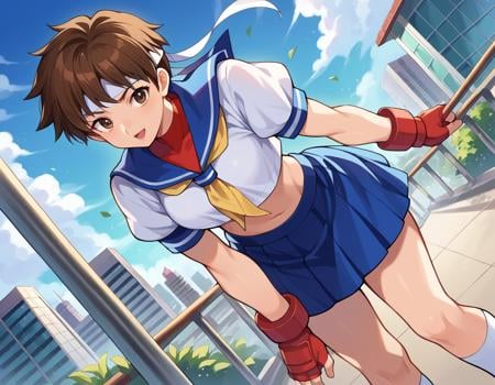 score_9, score_8_up, score_7_up, source_anime,sakurakasugano, <lora:sakura-kasugano-ponyxl-lora-nochekaiser:1>,sakura kasugano, brown eyes, brown hair, short hair, mature female,ankle socks, blue skirt, crop top, headband, midriff, miniskirt, navel, sailor collar, school uniform, shoes, short sleeves, skirt, sneakers, socks, stomach, shirt, white shirt, white headband, gloves, red gloves,outdoors, cityscape, bent over,looking at viewer, dutch angle, cowboy shot,