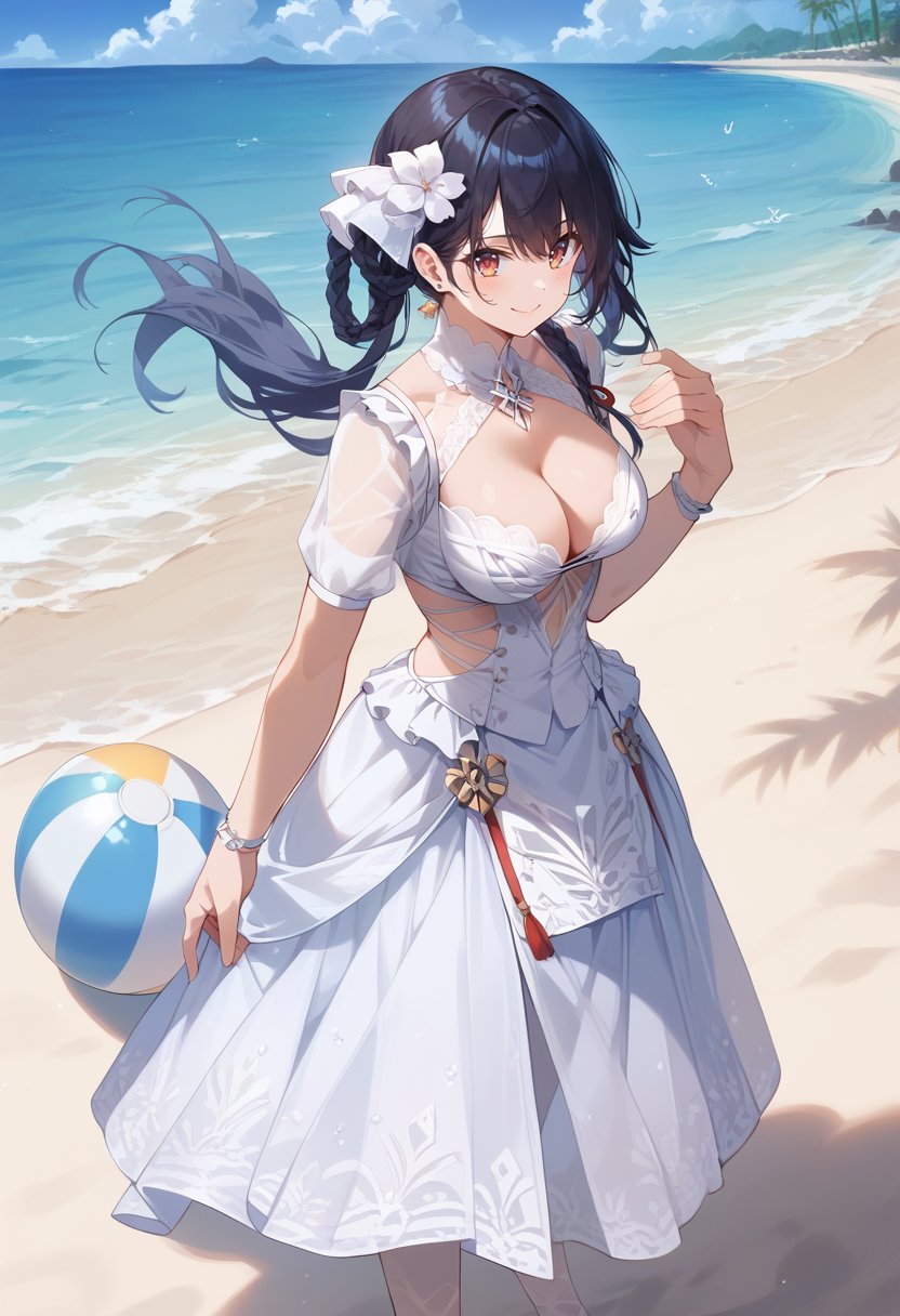 score_9, score_8_up, score_7_up, best quality, masterpiece, source_anime, zPDXL2, BREAK , 1girl, solo, white  dress, cleavage, hair flower, see-through, jewel-diamond outfits, Pretending to hold a large beach ball ,    aegir_\(azur_lane\),  <lora:jewel_diamond_doaxvv2:1>