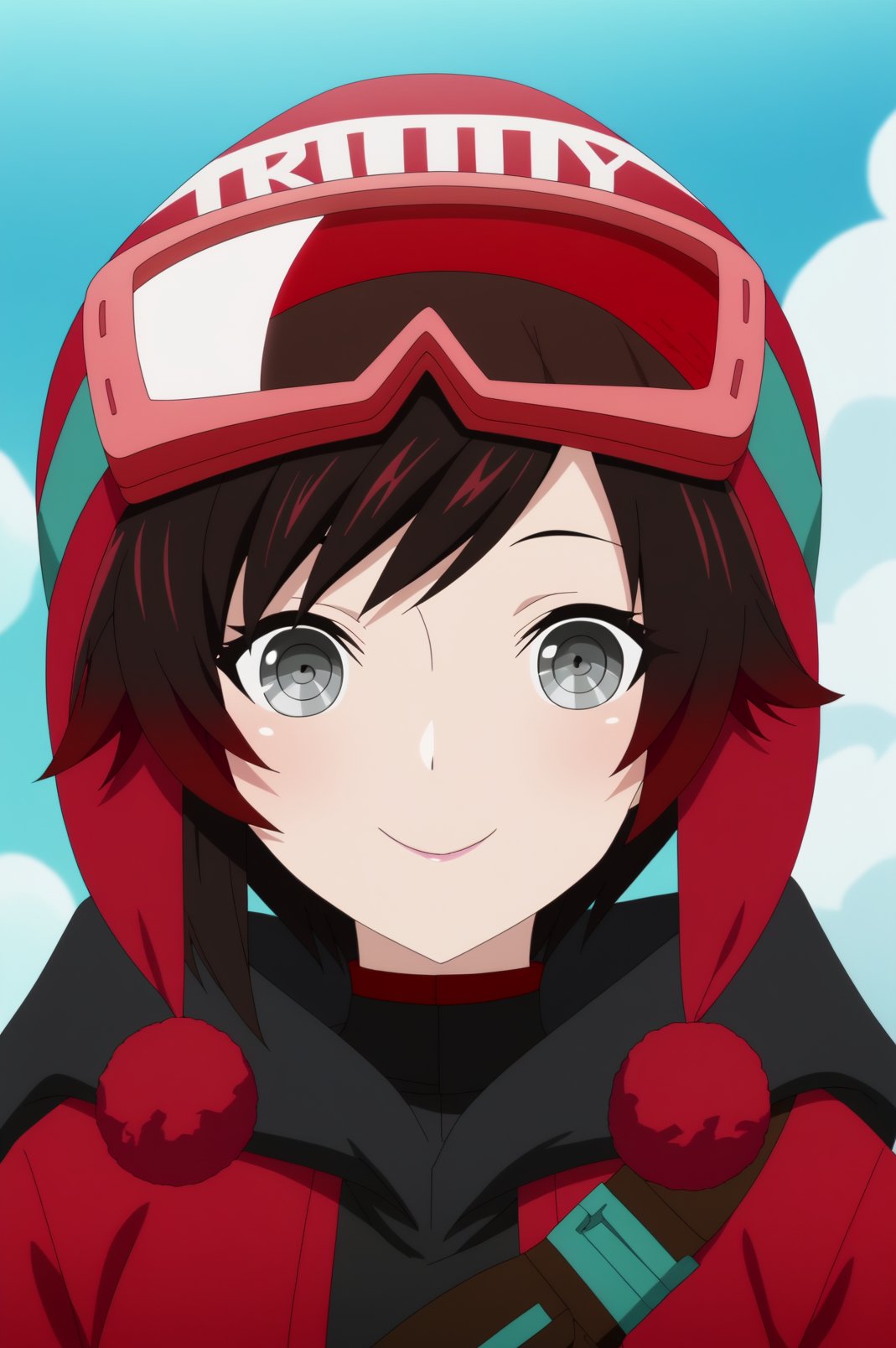 ruby rose,anime screencap,1girl,solo,mature,short hair,red hair,multicolored hair,looking at viewer,jacket,goggles,hat,goggles on head,smile,standing,sky,cloud,close up <lora:Ruby Rose - RWBY.safetensors:0.8>