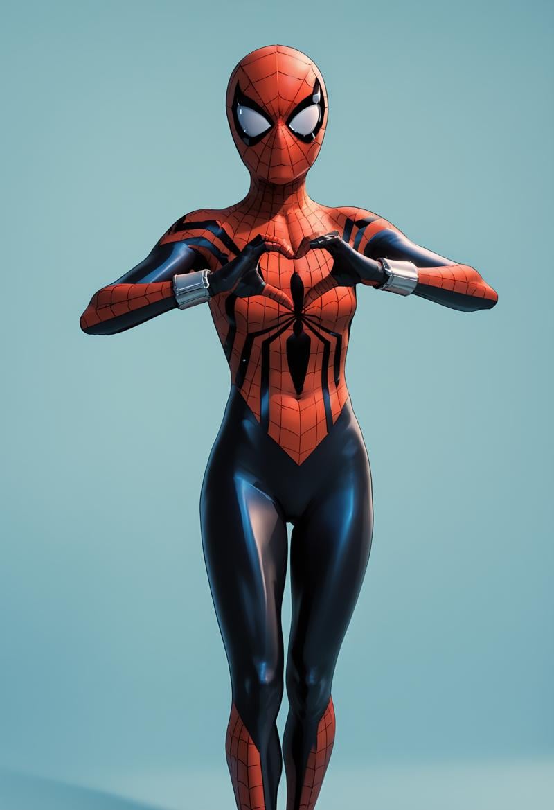 score_9, score_8_up, score_7_up, score_6_up, score_5_up, score_4_up, 1girl, <lora:SpiderGirl:0.85> superhero, cute face, small breasts, mask, bodysuit, spider web print, standing, looking at viewer, heart hands,simple background, 3d, render,