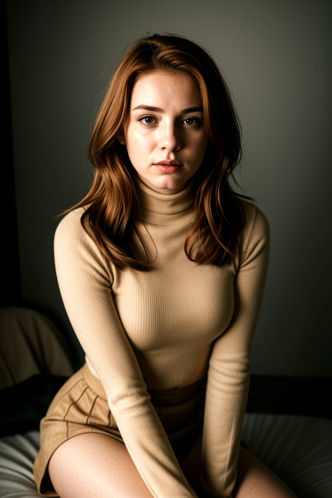 candid photo of a woman, (disheartened face expression), ginger hair, ribbed turtleneck with a faux suede skirt and knee-high boots, upper body, under silhouette lighting, bird's eye view, shot on a ARRI ALEXA 65