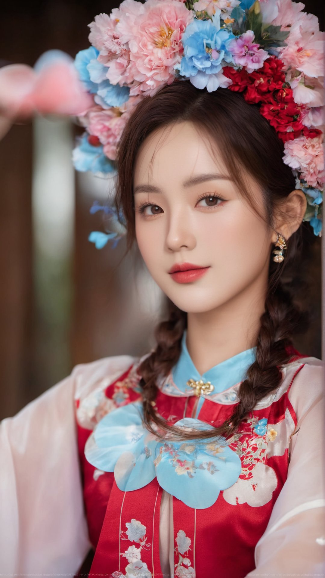 (((Best quality, masterpiece, ultra high res, ultra-detailed, ultra realistic, depth of field, film grain, bokeh))), (portrait shot ), (((beautiful background))), 1girl, (((flowers headband))), actress, music idol, (((smile))), happy, (sitting ), (((outstretched arms ))), (((seductive outfit))), (((wear hanfu))), ((light brown  hair)), graceful neck and shoulders, (((huge breasts))):1.5, perfect body, big butt, wide hip, thigh highs, beauty legs, dreamy blue eyes, (glossy lips):1.5, (close lips):1.5, detailed skin texture, (((looking at viewer))), hair ornament, necklace, earrings, rings, mystery, majestic, scenery, exquisite, stunning, delicate, elegant, glowing, graceful, charming, alluring, seductive, erotic, enchanting, mesmerizing, femininity, ethereal, shiny, (((rimlight, perfect shadows, gorgeous light and shadow, stunning environment, subsurface scattering, sharp focus, extravagant and vivid composition, meticulously staged framing, focus on intricate details, vibrant and surreal colors))), <lora:FlowersHeadband:0.8>