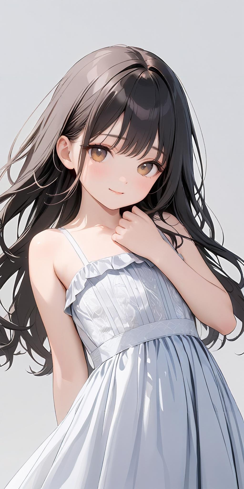 masterpiece,ultra-detailed,best quality,8K,illustration,cute face,clean skin ,shiny hair,girl,simple background <lora:add-detail-xl:1>   <lora:camisole dress_XL_V1.0:0.8>jyoji fuku, dress,bare shoulders